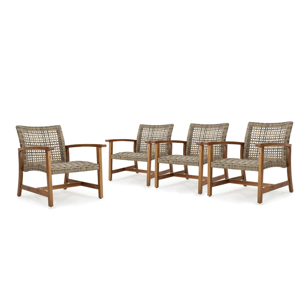 Mid Century Wicker Club Chairs with Acacia Wood Frame, Grey J794556