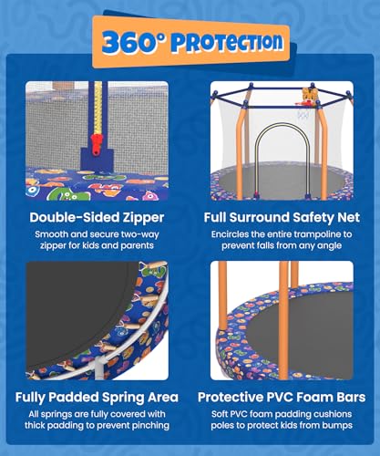 55" Kids Trampoline with Basketball Hoop and Safety Enclosure W746