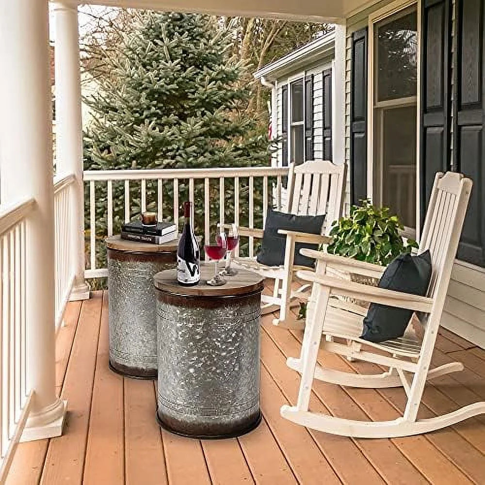 Farmhouse Accent Side Table Ottoman Seat Stool Metal End Table Box Bin with Round Wood Lid G84806