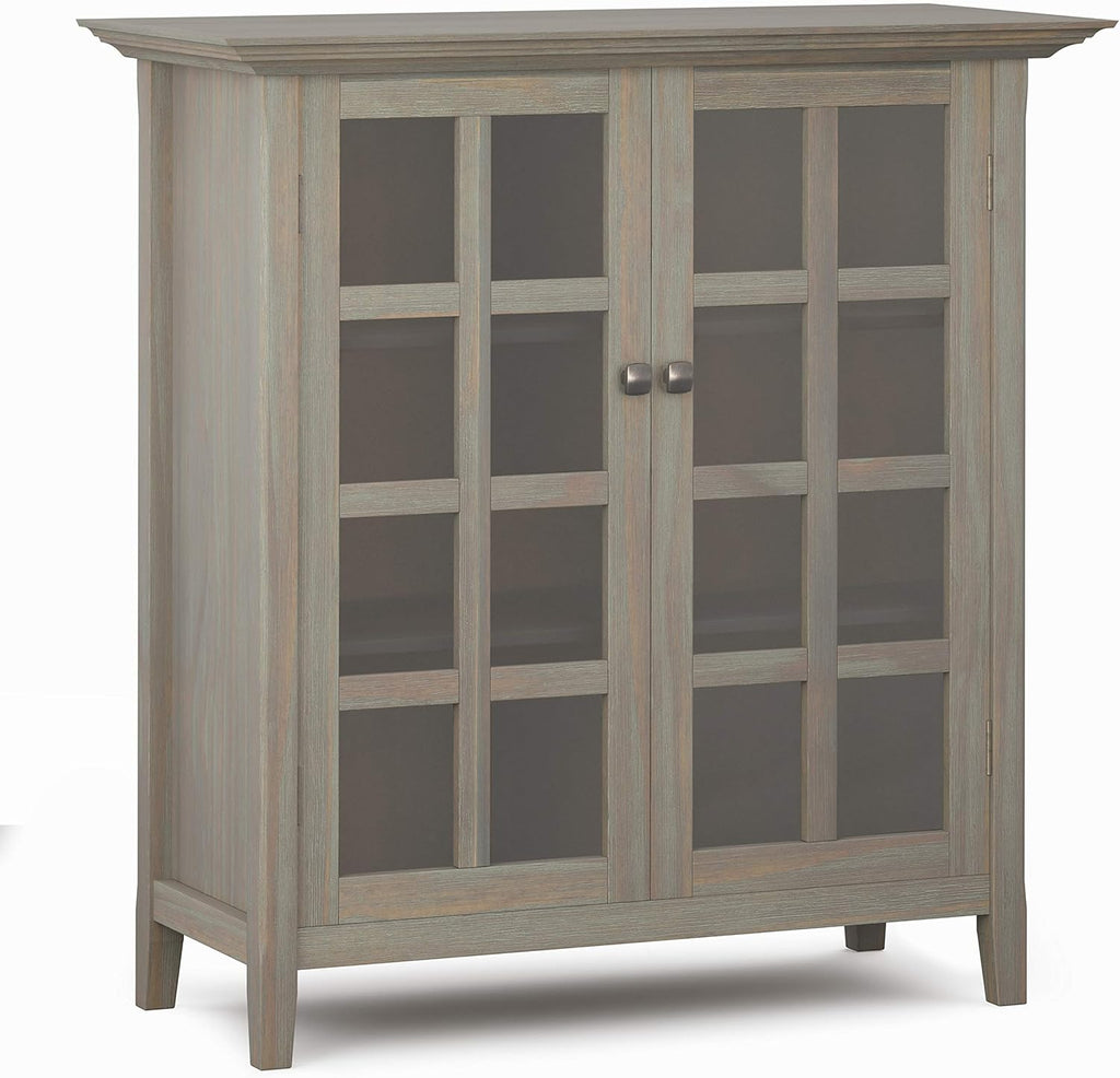 Distressed Grey Solid Wood Storage Cabinet with 2 Tempered Glass Doors and 4 Adjustable Shelves B265242