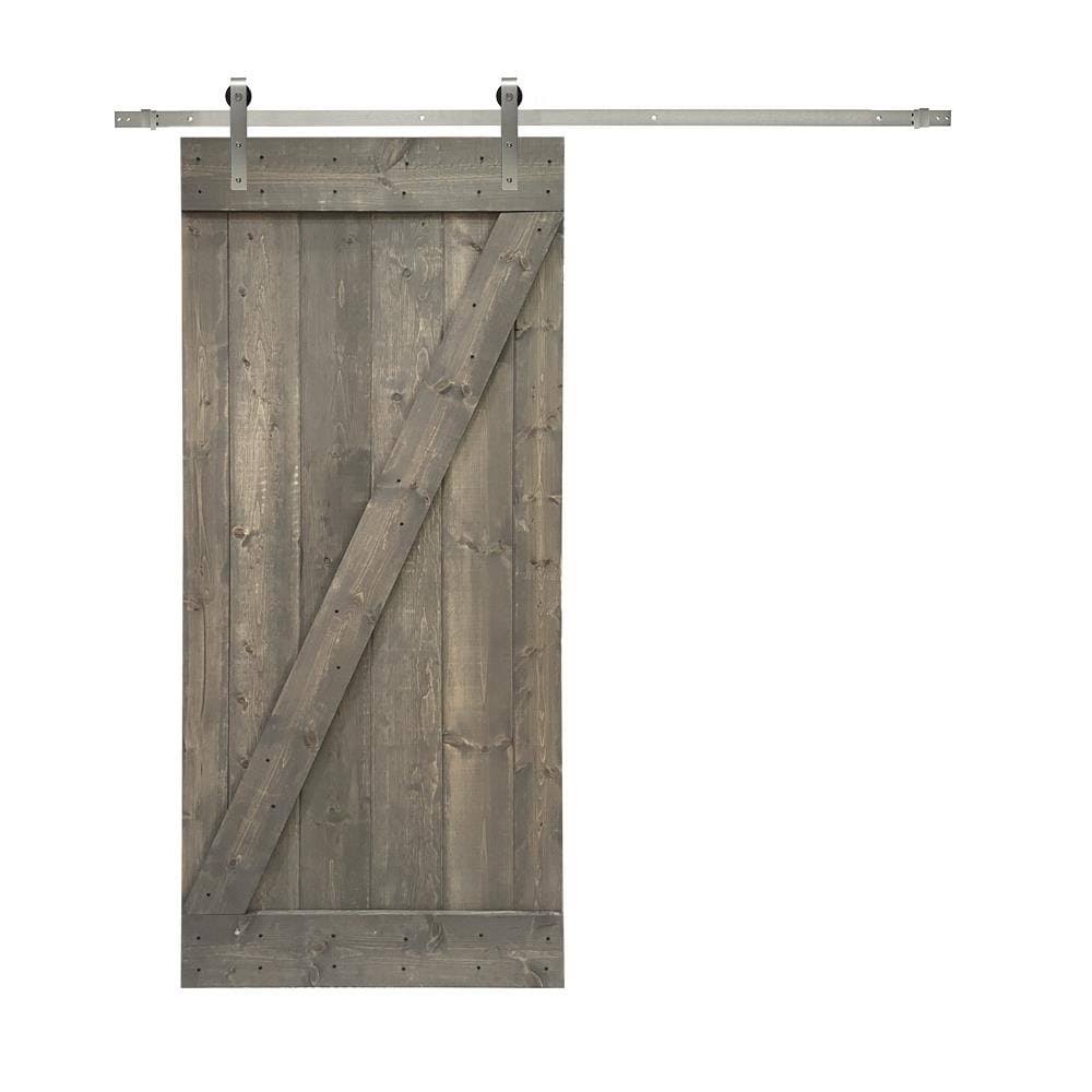 24 in. x 84 in. Gray Stained Solid Knotty Pine Wood Interior Sliding Barn Door with Hardware Kit J959110