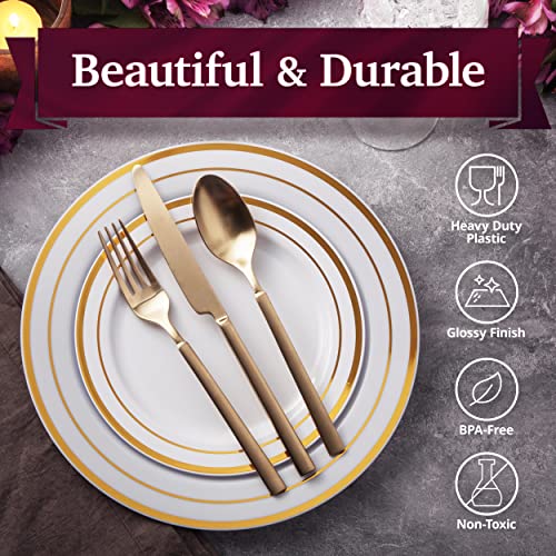 100 White Plastic Plates with Gold Trim, 50 Dinner Plates 10.25" + 50 Salad Plates 7.5" K7244