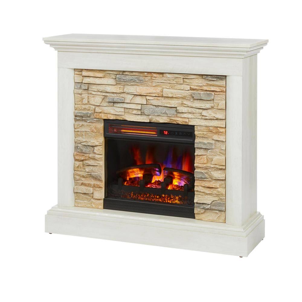 Tan Freestanding Electric Fireplace with Faux Stone T479923