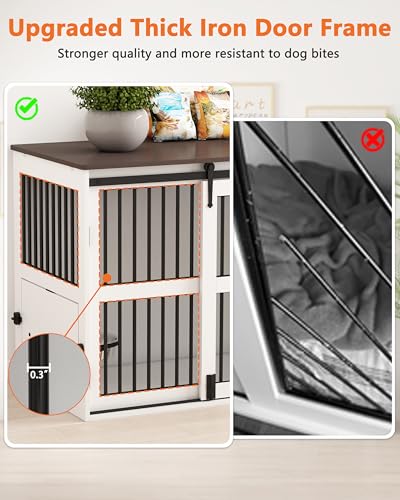 84.5" Double Medium Dog Crate Furniture with Drawer and Cabinet, Barn Sliding Doors, Rotatable Dog Bowls Feeder K714051
