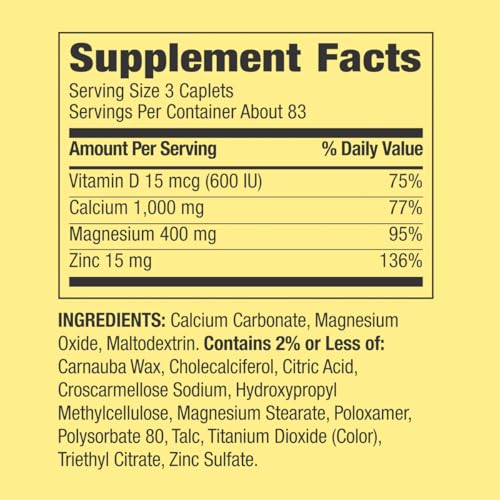 Calcium, Magnesium & Zinc Plus Vitamin D3 Coated Caplets, 250 Count + Weekly Pillbox B23249
