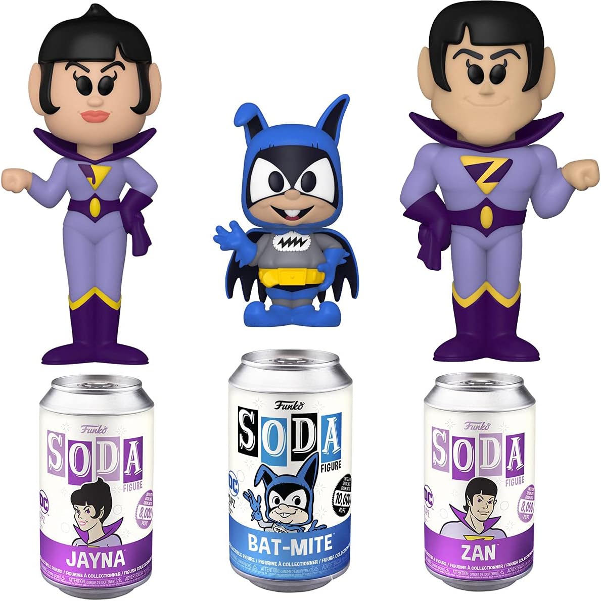Wonder Twins Figures Zan + Jayna Soda tin Can with Bat Mite Villain & Super Friends 3 Items M942874