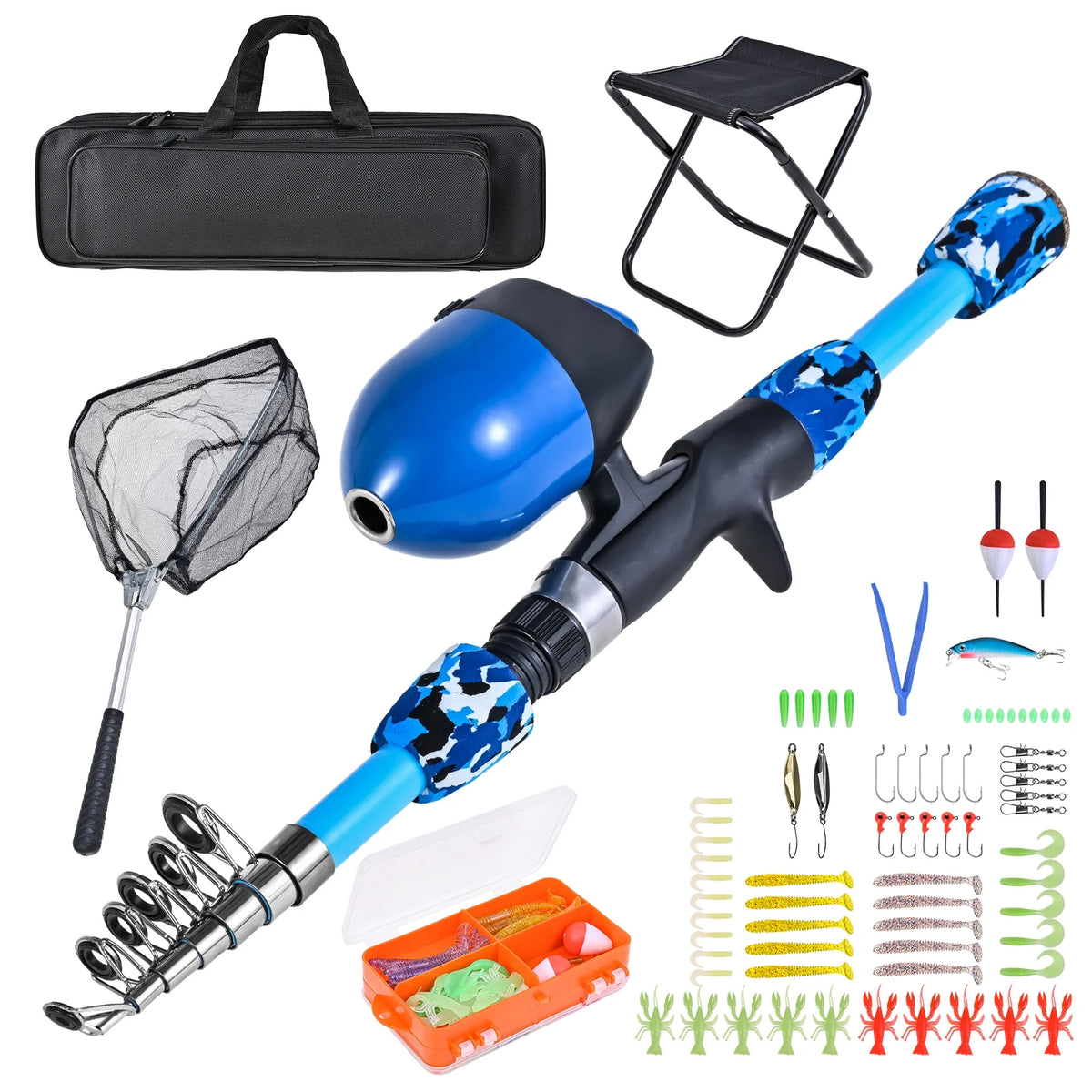 Kids Fishing Rod and Reel Combo with Collapsible Fishing Stool, Landing Net, and Tackle Box E517911