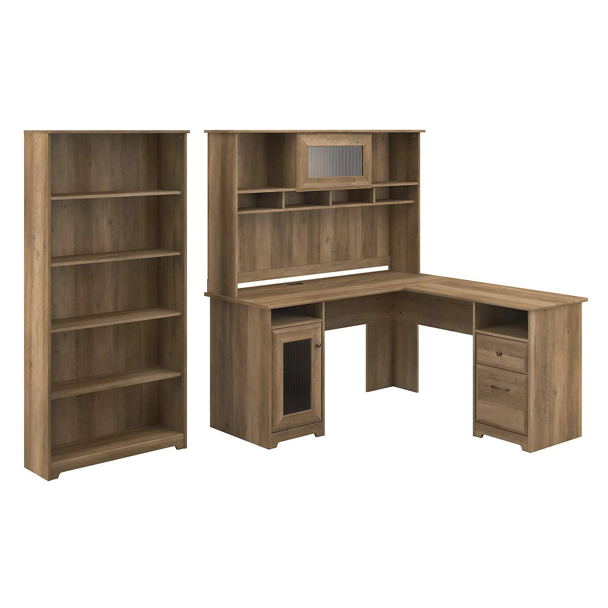 L-shaped Desk with 5-Shelf Bookcase and Hutch F841