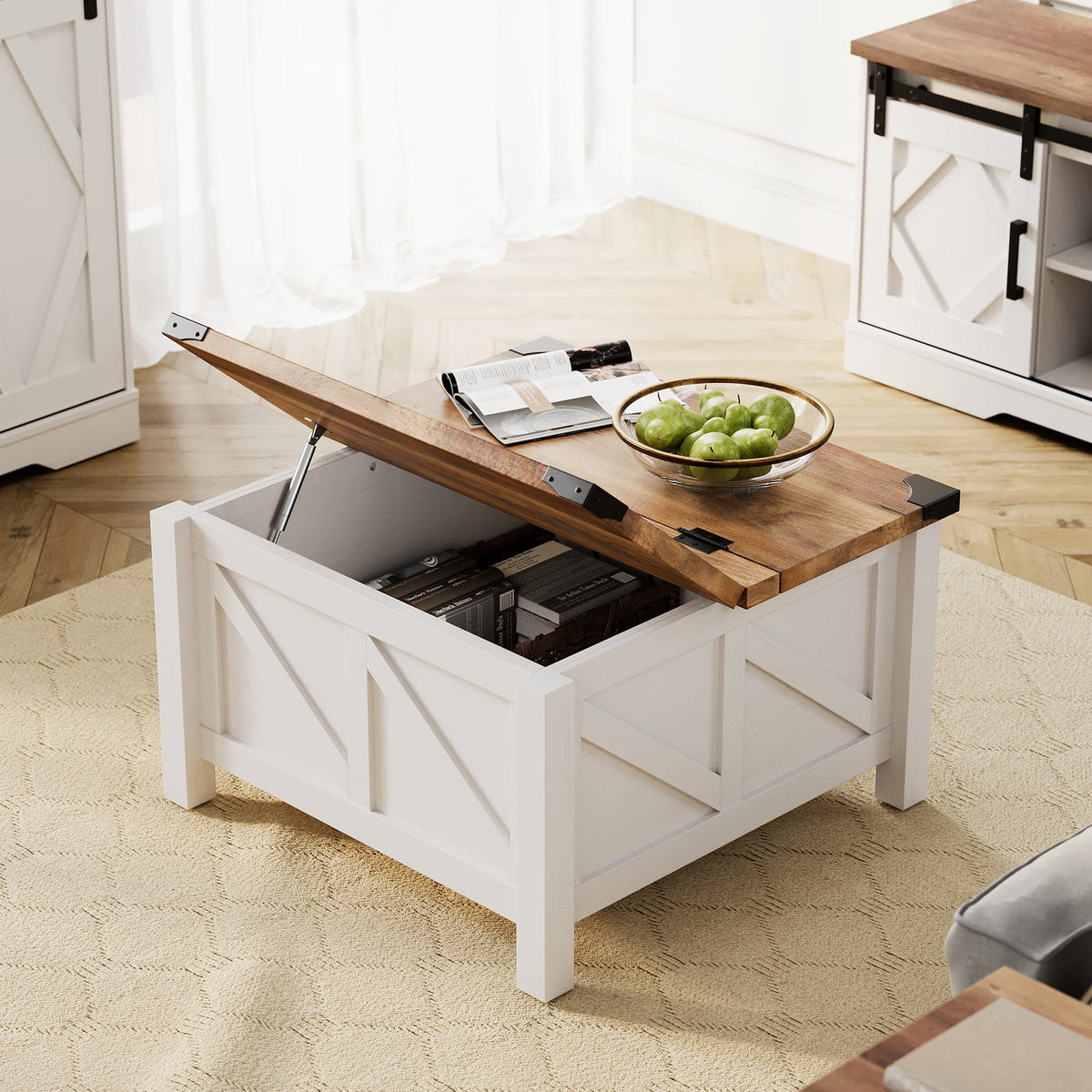 White Sliding Barn Door TV Stand and Lift-Top Coffee Table Set of 2 F2101