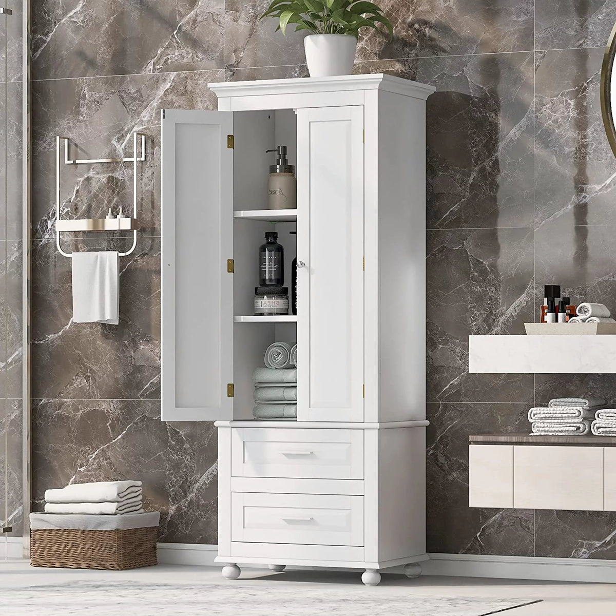 White Storage Cabinet with Doors and 2 Drawers A9203