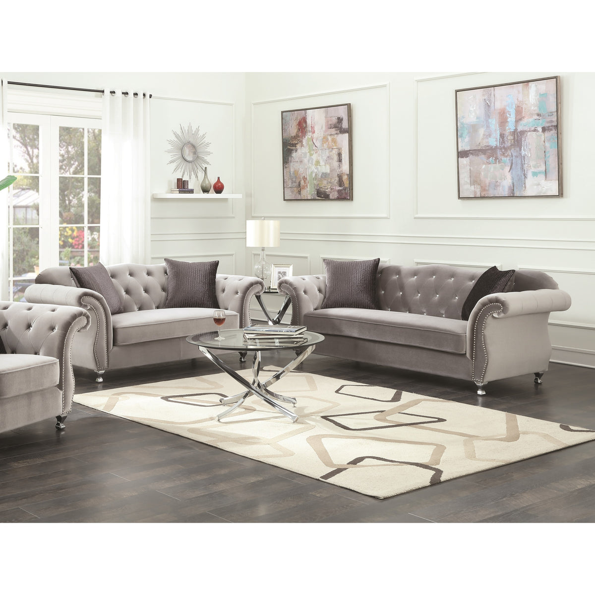 Silver Upholstered Tufted Living Room Set K4955