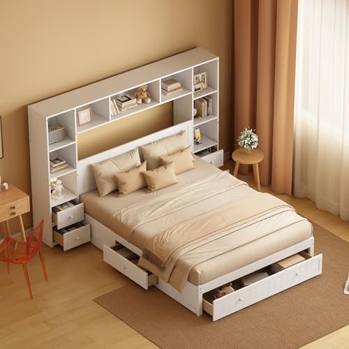 White Full Size Wood Platform Bed with Bookcase Headboard and Drawers J841898
