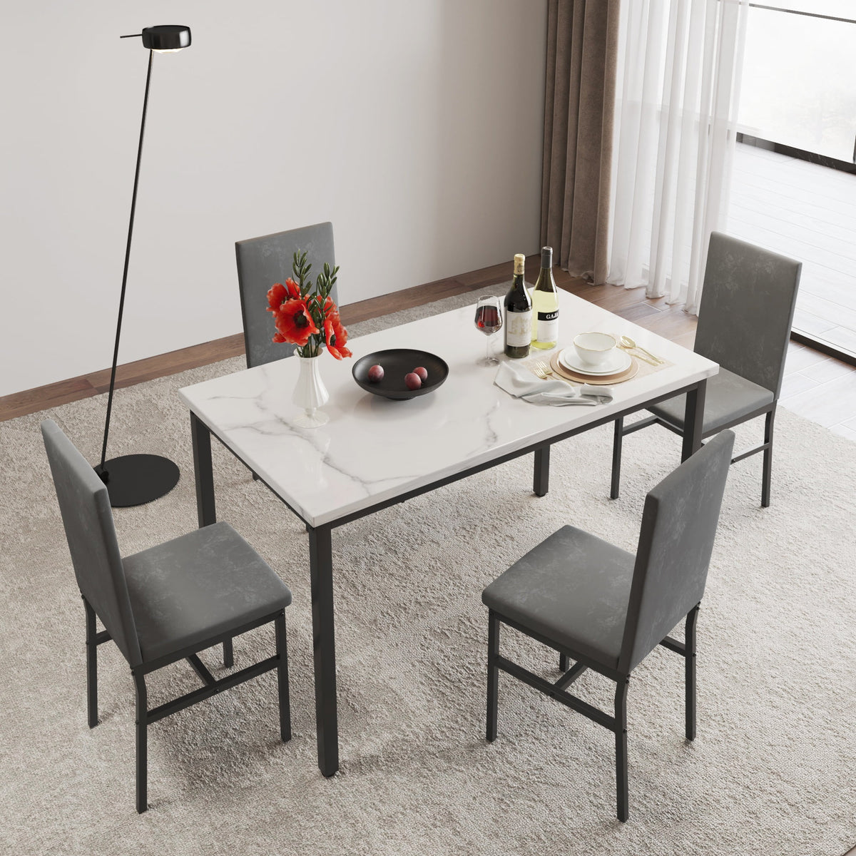 5-Piece White Marble Top Dining Table and 4 Gray Velvet Chairs A2125