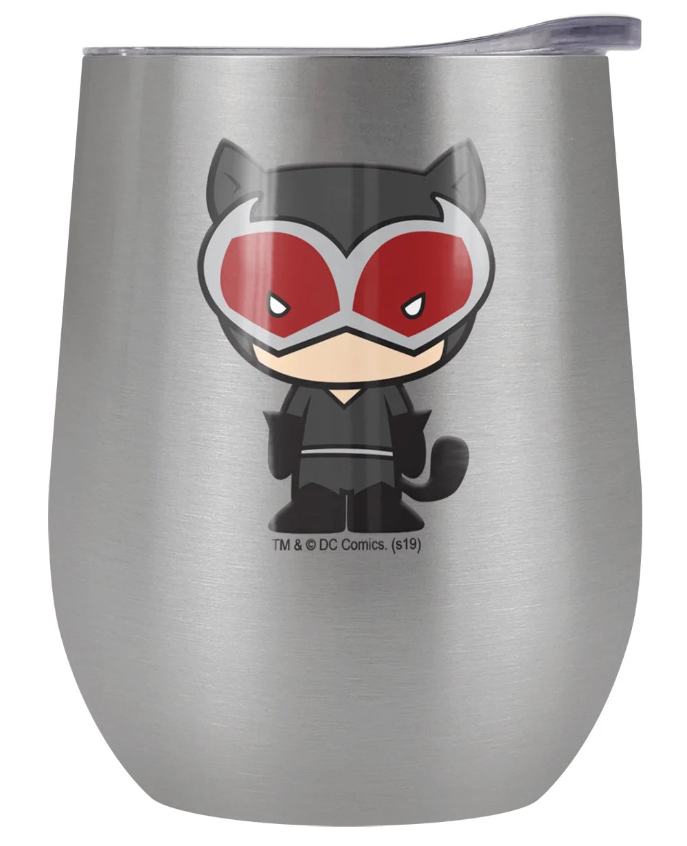 Catwoman Chibi 12 OZ Stemless Wine Tumbler, Stainless Steel Travel Cup with Leak Resistant Slide-Lock Lid X385528