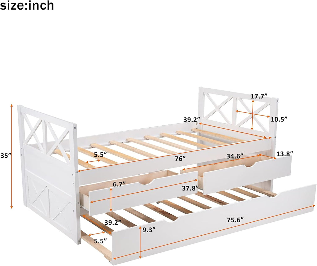 White Wood Twin Captain's Daybed with Trundle and 2 Storage Drawers G72131