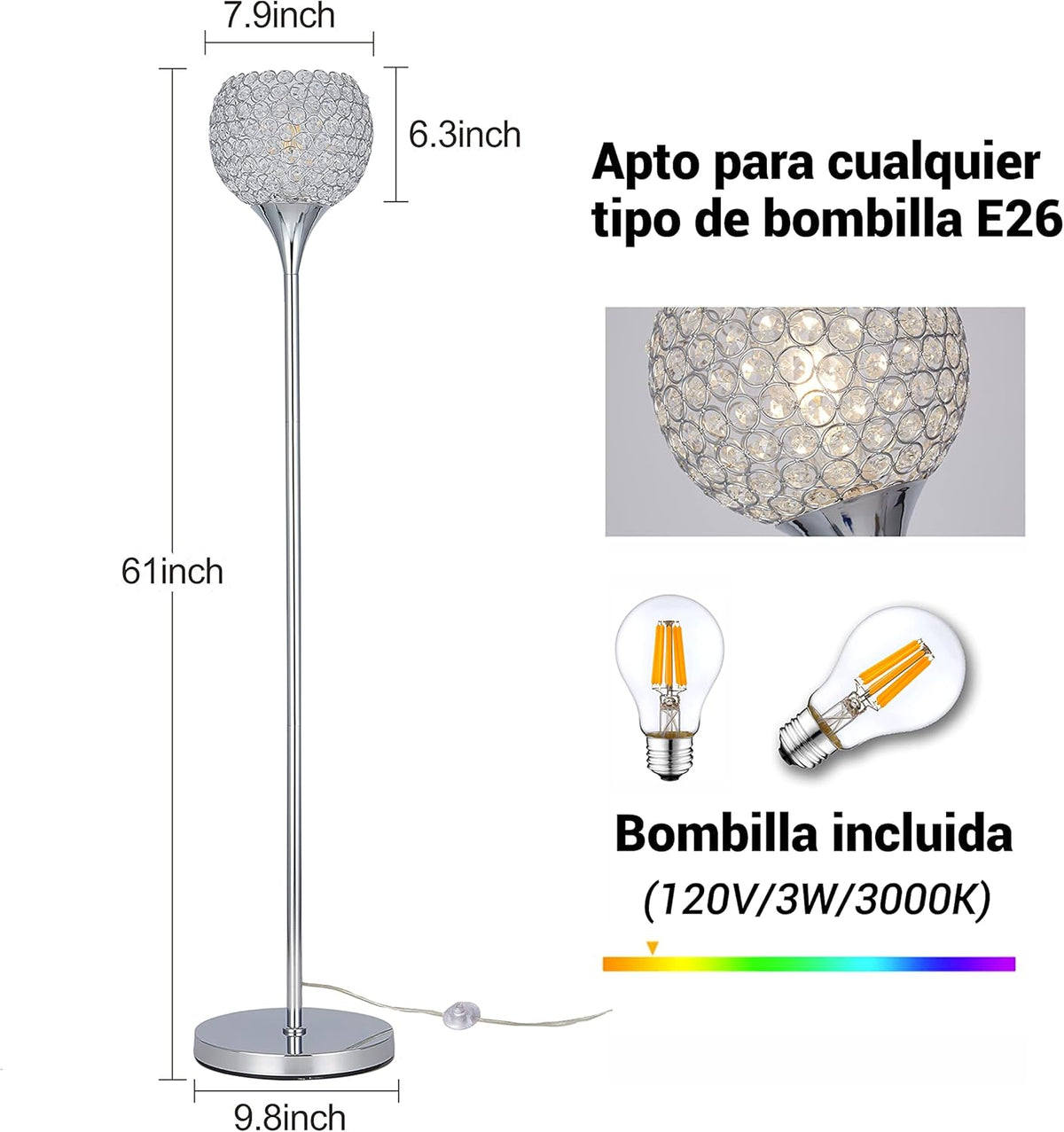 Crystal 1-Light Chrome Finish Floor Lamp with LED Bulb I9540