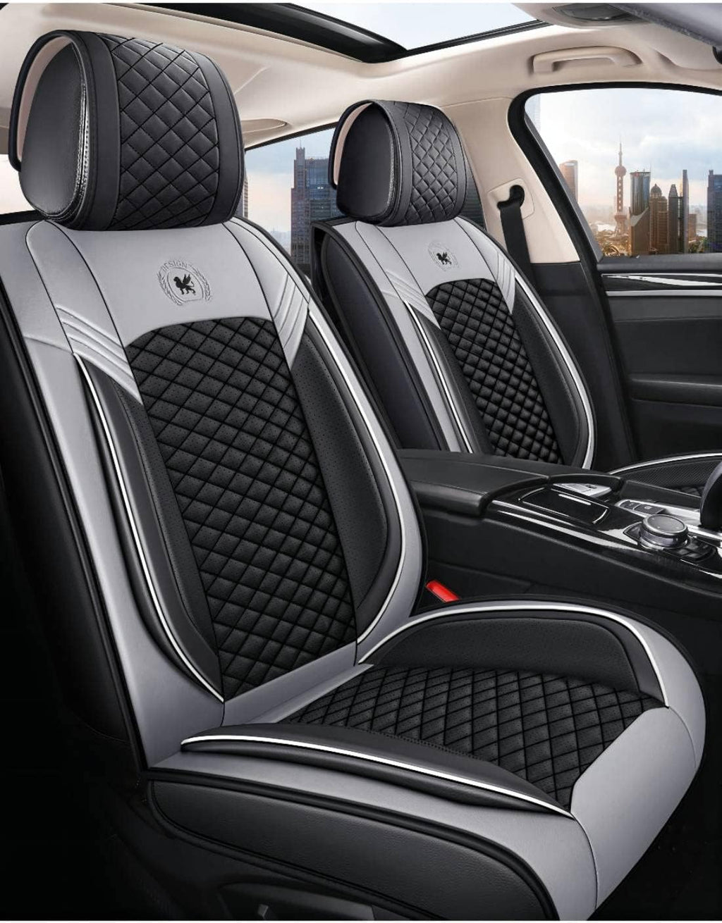 Leather Car Seat Covers 5 Seats Full Set Black Pink Y537761