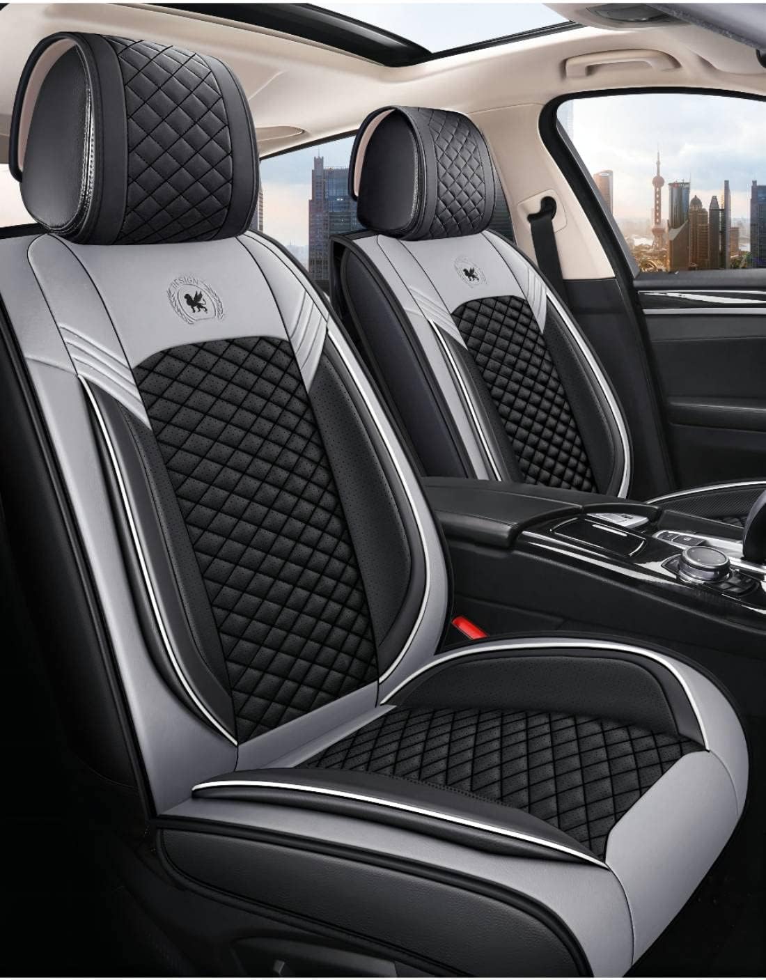 Leather Car Seat Covers 5 Seats Full Set Black Pink Y537761