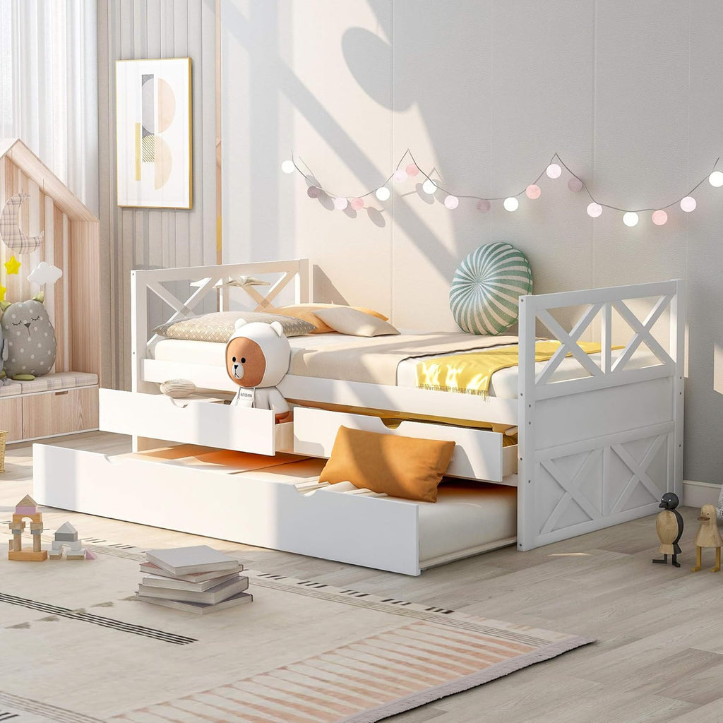 White Wood Twin Captain's Daybed with Trundle and 2 Storage Drawers G72131