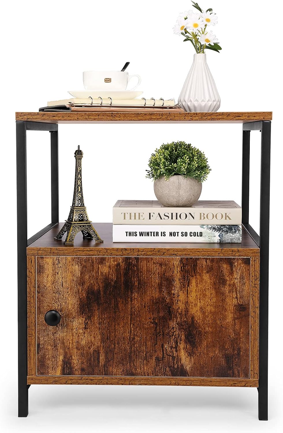 White Wooden 3-Tier Side Table with Storage Cabinet and Open Shelf Z974976