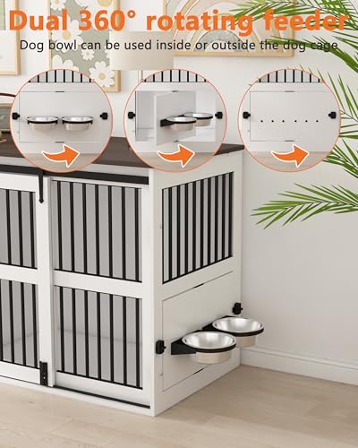 84.5" Double Medium Dog Crate Furniture with Drawer and Cabinet, Barn Sliding Doors, Rotatable Dog Bowls Feeder K714051