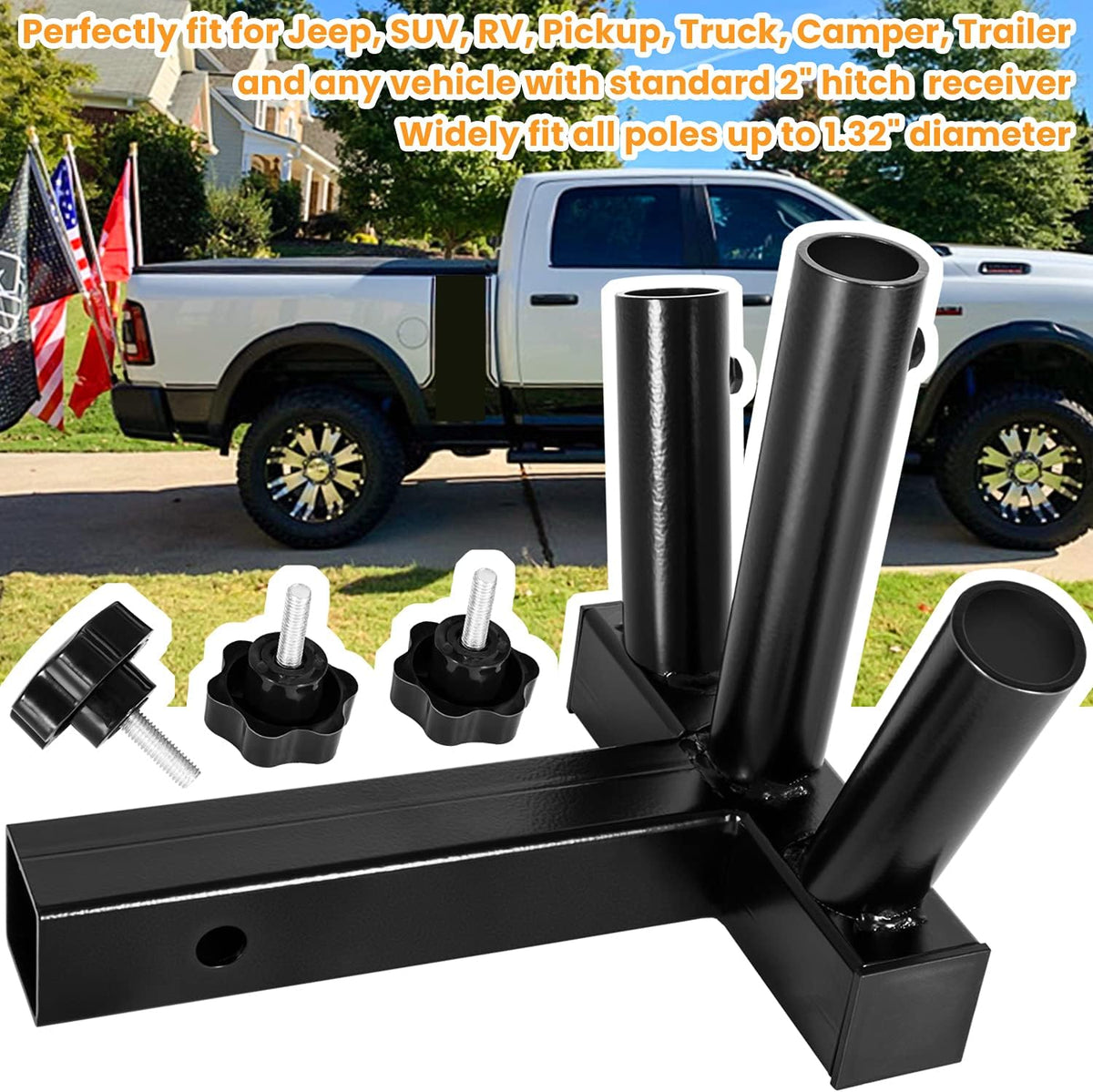 Black 3 Flagpole Hitch Mount Holder with 2 inch Hitch Receiver G204681