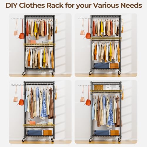 Black Heavy Duty Metal Freestanding Clothing Rack with Shelves & Wheels Y512236