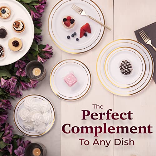 100 White Plastic Plates with Gold Trim, 50 Dinner Plates 10.25" + 50 Salad Plates 7.5" K7244