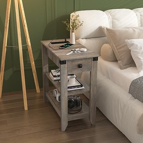 Set of 2 Narrow Side Table with Charging Station and Storage Drawer Rustic Grey F64988