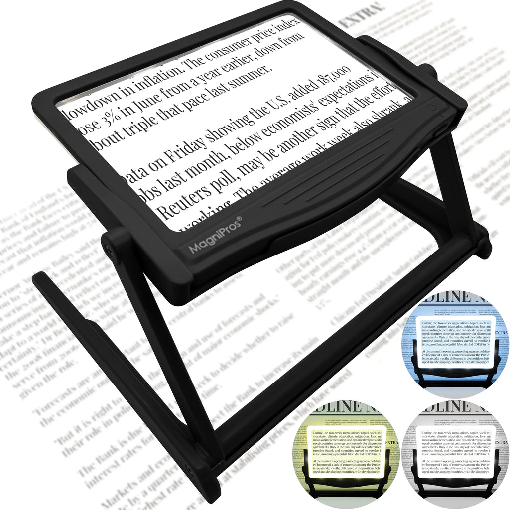 5X Large LED Full Page Magnifying Glass with Collapsible Hands-Free Stand & 3 Color Modes F931