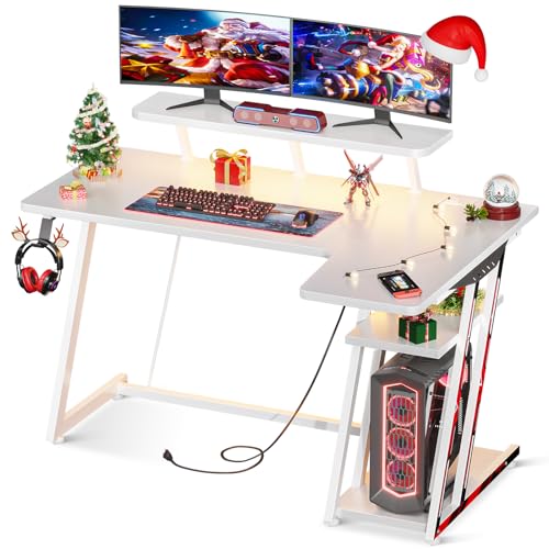 Black 55 Inch L Shaped Gaming Desk with LED Lights B42601