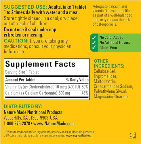 220 Tablets Calcium 600 mg with Vitamin D3 Dietary Supplement M32085