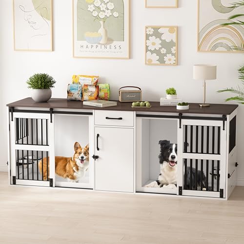 84.5" Double Medium Dog Crate Furniture with Drawer and Cabinet, Barn Sliding Doors, Rotatable Dog Bowls Feeder K714051