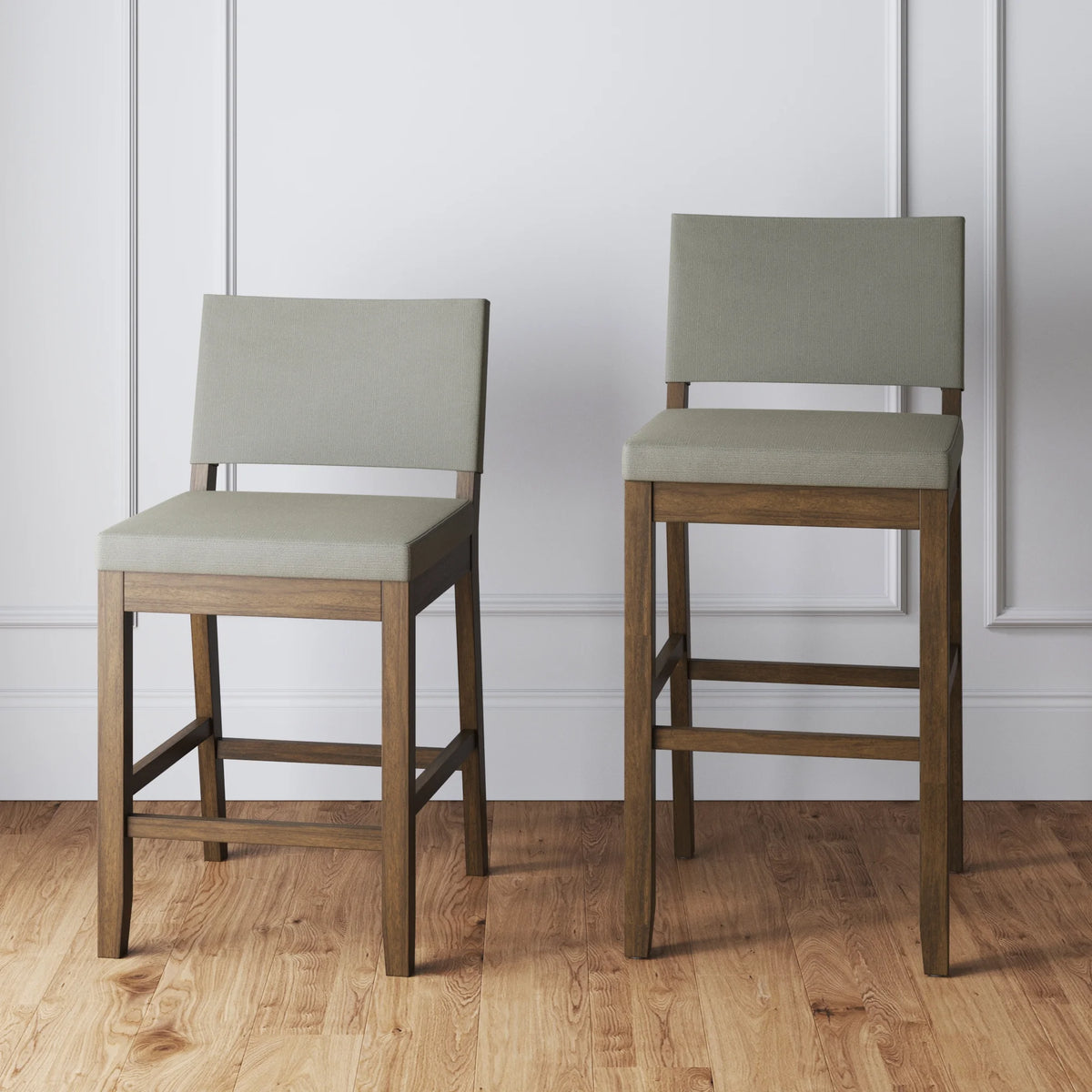 Light Gray Upholstered Bar Stool with Back and Solid Rubberwood Legs F3204