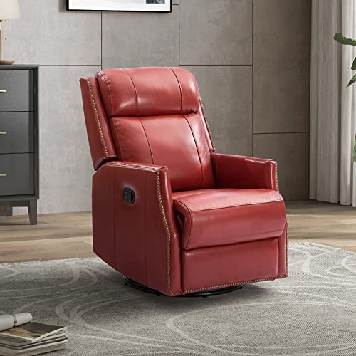 Red Genuine Leather Swivel Recliner Chair with Nailhead Trims C138351