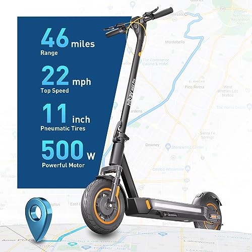 Electric Scooter, 46.6 Mi Long Range, 22 MPH, 650W Motor, 11'' Pneumatic Tires, Dual Suspension, 265lbs MAX Load N9536