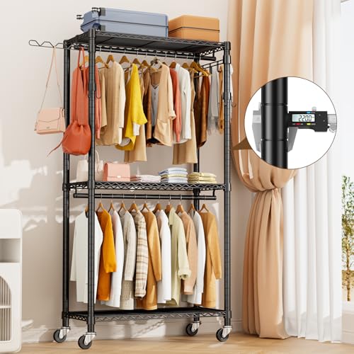 Black Heavy Duty Metal Freestanding Clothing Rack with Shelves & Wheels Y512236