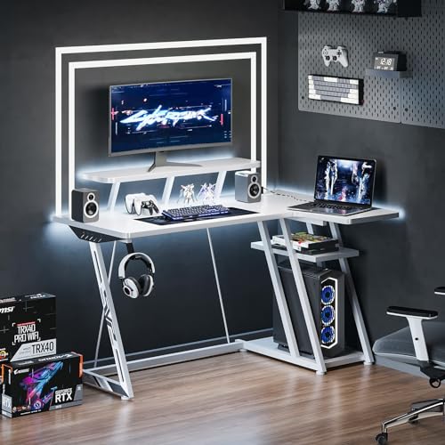Black 55 Inch L Shaped Gaming Desk with LED Lights B42601