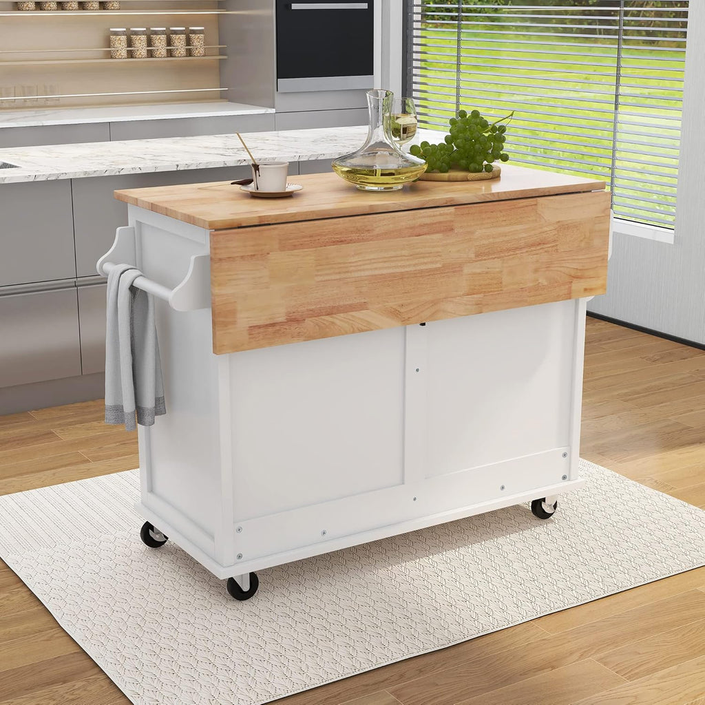 Mobile Kitchen Island Cart with Spice Rack and Towel Rack, Rolling Kitchen Island with Drop Leaf, 2 Drawers and Sliding Barn Doors B935