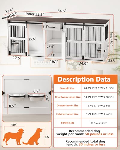 84.5" Double Medium Dog Crate Furniture with Drawer and Cabinet, Barn Sliding Doors, Rotatable Dog Bowls Feeder K714051