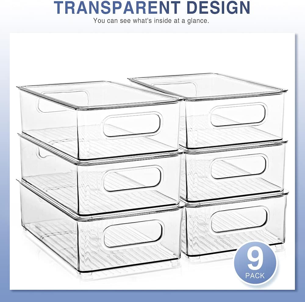 9 Pack Stackable Clear Refrigerator Organizer Bins with Lids D5168