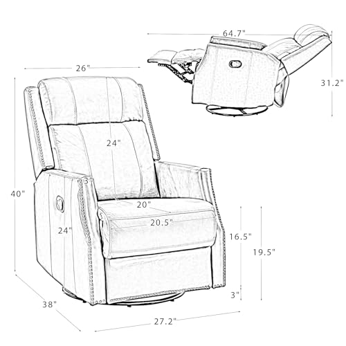 Red Genuine Leather Swivel Recliner Chair with Nailhead Trims C138351
