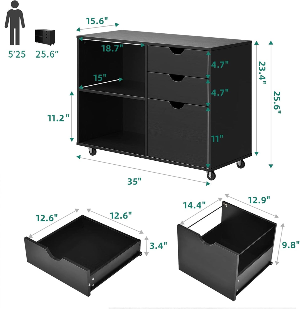Black 3 Drawer Wood File Cabinet N434826