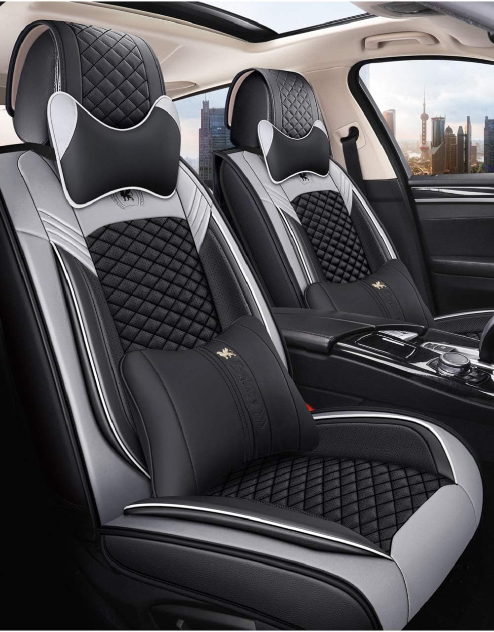 Leather Car Seat Covers 5 Seats Full Set Black Pink Y537761