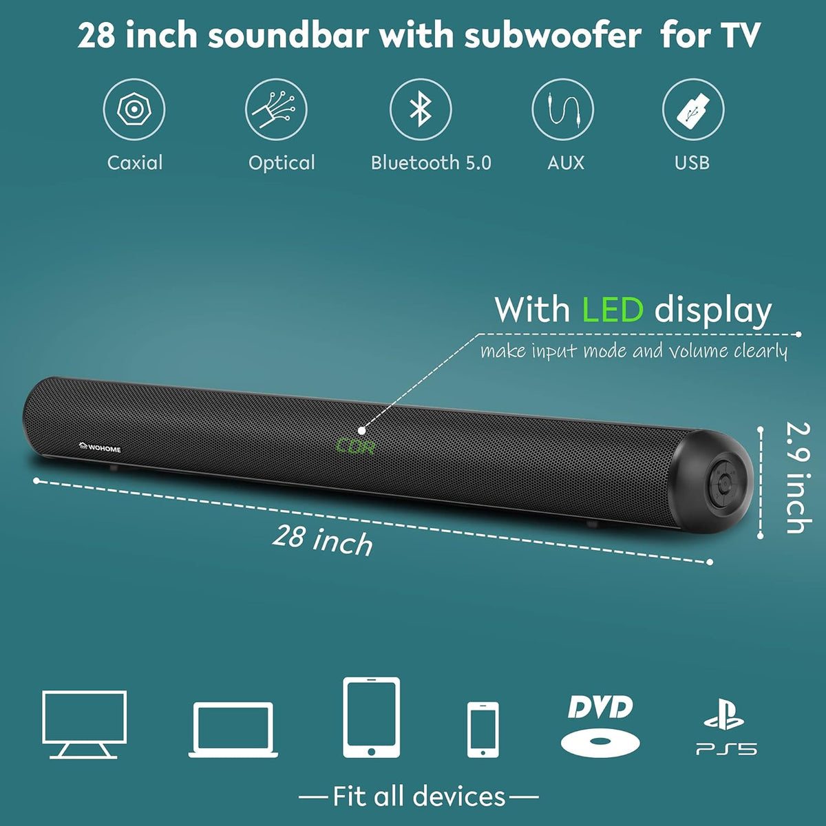 28-INCH 120W Sound Bar with Subwoofer V2668