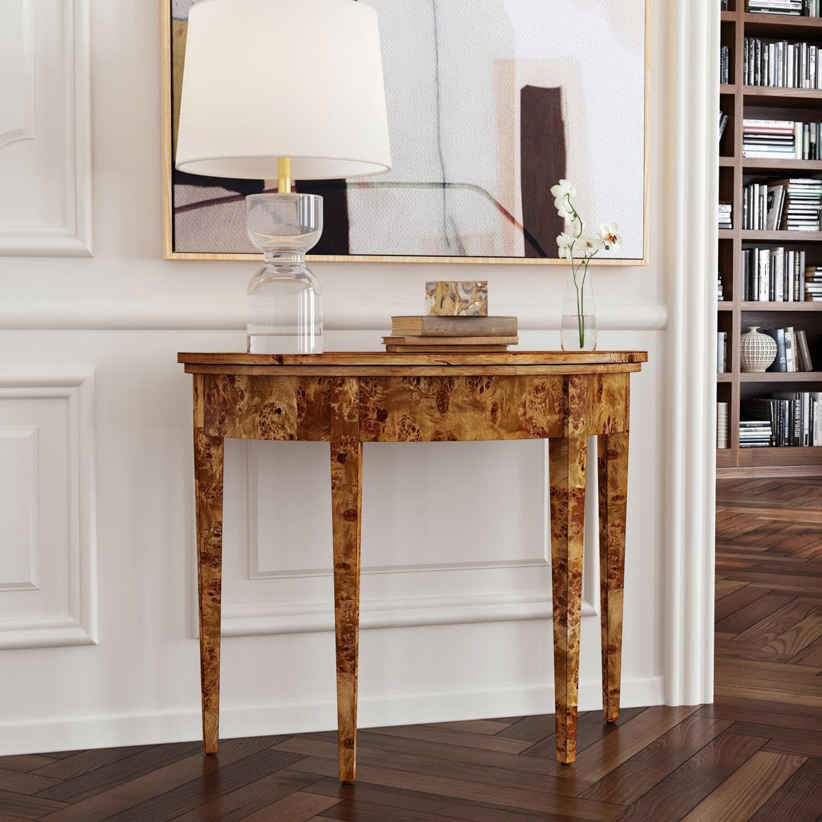 Brown Burl Wood Demilune Console Table T829