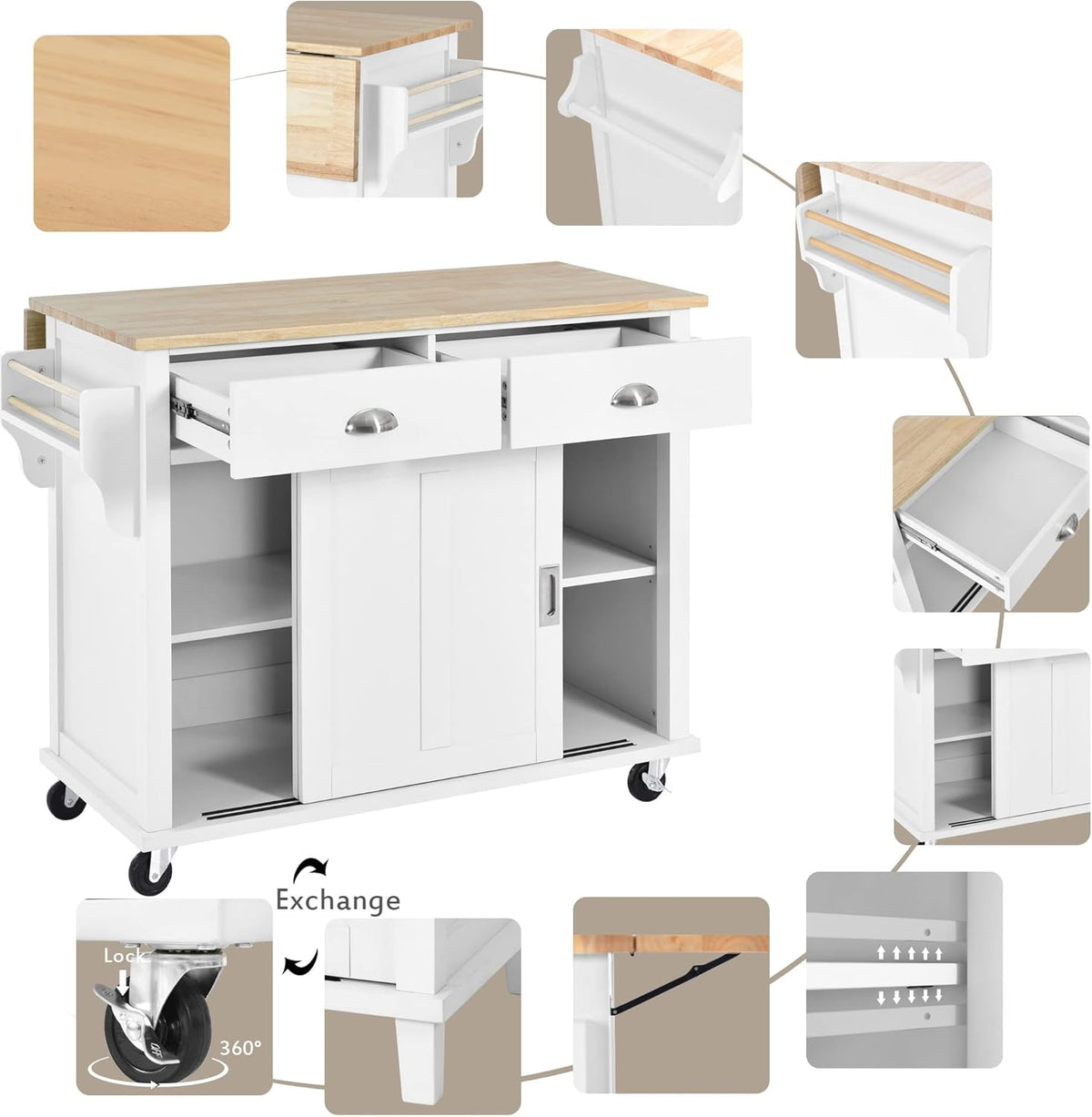 Mobile Kitchen Island Cart with Spice Rack and Towel Rack, Rolling Kitchen Island with Drop Leaf, 2 Drawers and Sliding Barn Doors B935