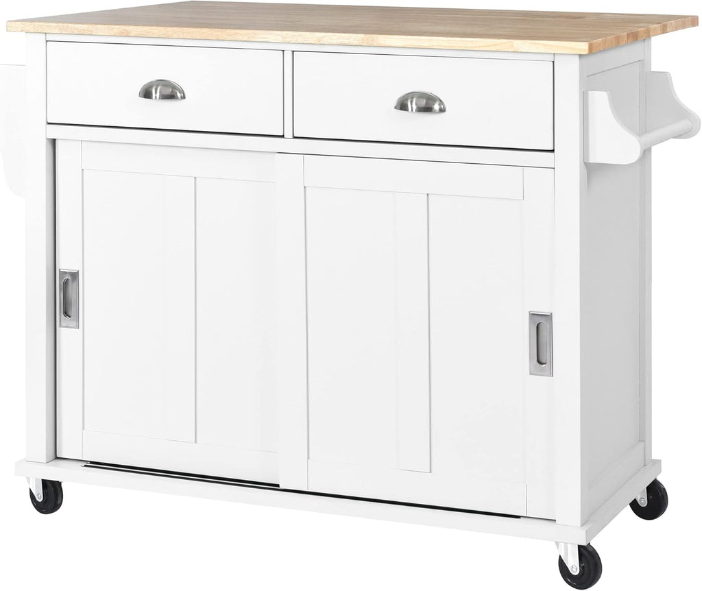 Mobile Kitchen Island Cart with Spice Rack and Towel Rack, Rolling Kitchen Island with Drop Leaf, 2 Drawers and Sliding Barn Doors B935