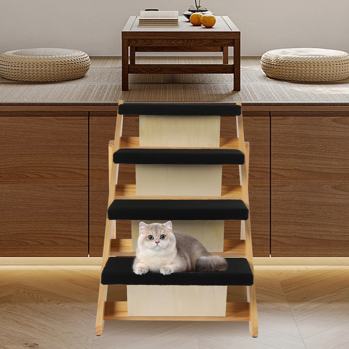 Pet Stairs Foldable Pine Wood Natural Black X40138
