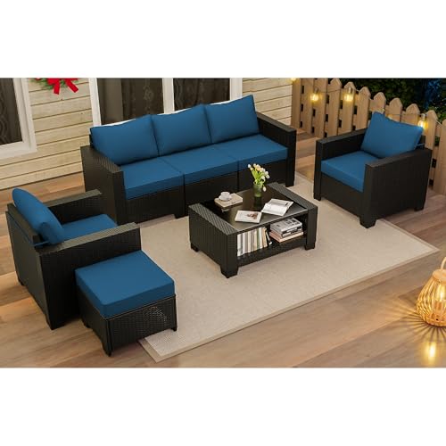 7 Pieces Patio Furniture Set with Cushions and Glass Coffee Table E569233